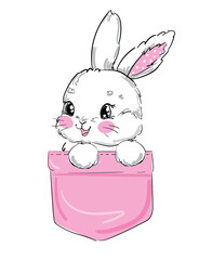 Hand Drawn Bunny. Cute Rabbit sitting in a pocket vector Sketch, Print Design, children print on t-shirt.