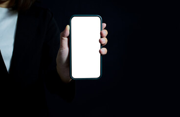 Hand holding smart phone Mockup, blank screen cell phone. women hand holding, using mobile phone. contact business, mobile app design. Clipping Path isolated for Infographic Business design app.