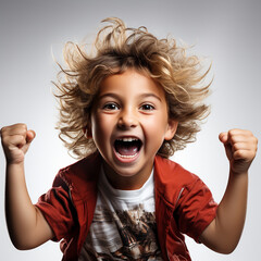 A child screaming with joy isolated on white background.Front view