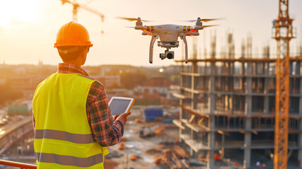 Engineer Operating Drone at Construction Site