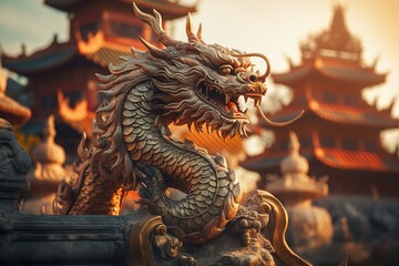Fototapeta premium the dragon statue standing in front of the building in China