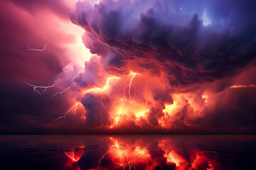 dramatic and powerful tornado. Lightning thunderstorm flash over the night sky. Concept on topic weather, cataclysms (hurricane, Typhoon, tornado, storm). Stormy Landscape