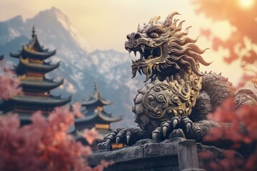 the dragon statue standing in front of the building in China - obrazy, fototapety, plakaty