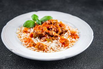 rice chicken Basque tomato sauce tasty meat fresh eating cooking appetizer meal food snack on the table copy space food background rustic top view
