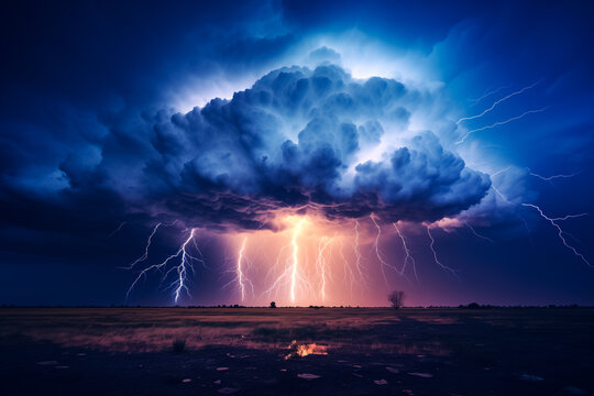 dramatic and powerful tornado. Lightning thunderstorm flash over the night sky. Concept on topic weather, cataclysms (hurricane, Typhoon, tornado, storm). Stormy Landscape