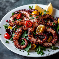 Octopus salad on plate.