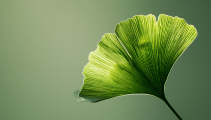 Aesthetic closeup of ginkgo biloba leaf with beautiful texture against green background. Alternative medicine plant.