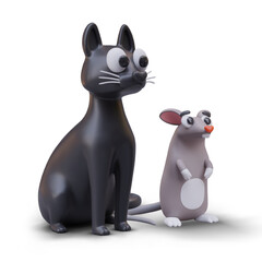 Side view on cute realistic black cat and gray rat. Cat stands with mouse. Models of cartoon small animals. Vector illustration in 3d style with shadow, white background