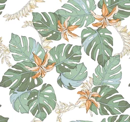 Canvas schilderij Jungle Seamless watercolor floral pattern - pink blush flowers elements, green leaves branches on dark black background  for wrappers, wallpapers, postcards, greeting cards, wedding invites, romantic events.  © sefa