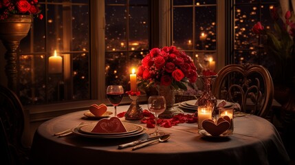 A candlelit dinner table with heart-shaped dishes and floral arrangements, providing an unoccupied area for text overlay amidst the romantic setting - Generative AI - obrazy, fototapety, plakaty