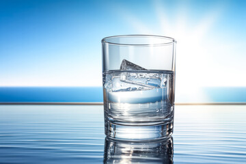 Pure refreshment, A glass of crystal clear water, set against a backdrop of serene nature, symbolizing the rejuvenating essence and vitality of this life sustaining elixir.