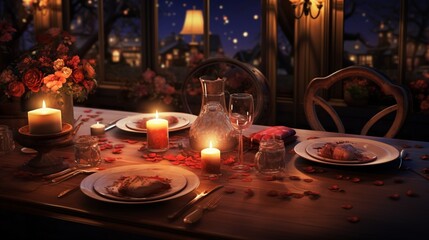 Fototapeta na wymiar A candlelit dinner table with heart-shaped dishes and floral arrangements, providing an unoccupied area for text overlay amidst the romantic setting - Generative AI