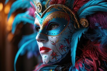 Beautiful woman with Venetian carnival mask on dark background