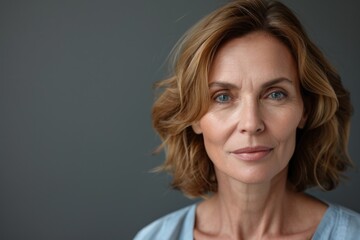 Portrait of mature woman looking at camera, standing against grey background