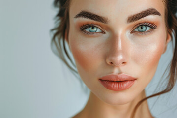 Portrait of beautiful young woman with makeup, isolated on grey background.