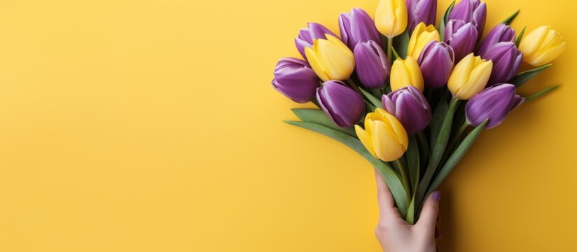 Image of woman's hand with tulips on yellow background, banner.