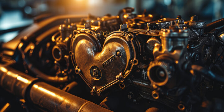 Close-up of an old car engine with a heart-shaped aluminum cover.