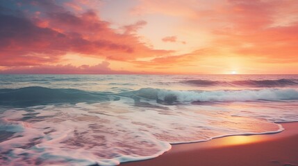 Fototapeta premium A captivating beach sunset with a peaceful shoreline, presenting a space for text overlay against the horizon, invoking tranquility and beauty - Generative AI