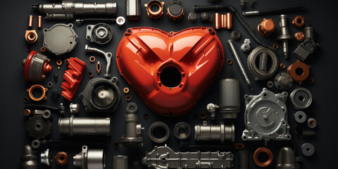 Red heart with metal car parts on black background. Car parts. - obrazy, fototapety, plakaty