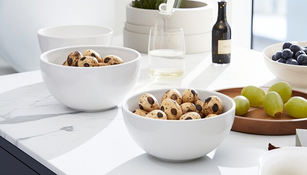 High quality image of fresh quail eggs on white table in a white bowl