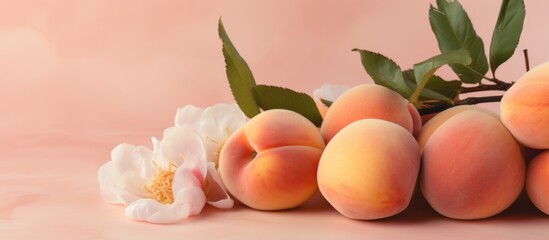 Ripe apricots and white flowers on a pink background.