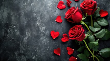 Valentine's Day background. Red flowers, hearts on Beautiful background. Valentines day concept. Flat lay, top view, copy space
