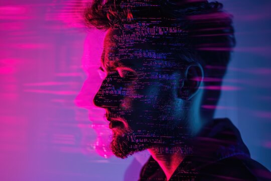Portrait of a man in front of a computer screen with binary code and glitch effect.