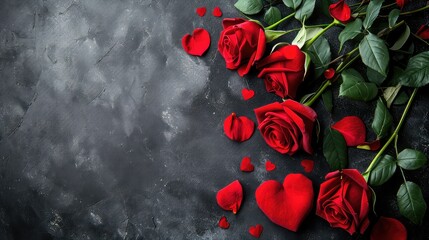 Valentine's Day background. Red flowers, hearts on Beautiful background. Valentines day concept. Flat lay, top view, copy space