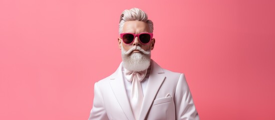 Portrait of stylish senior man with white beard and sunglasses isolated on pink background - obrazy, fototapety, plakaty
