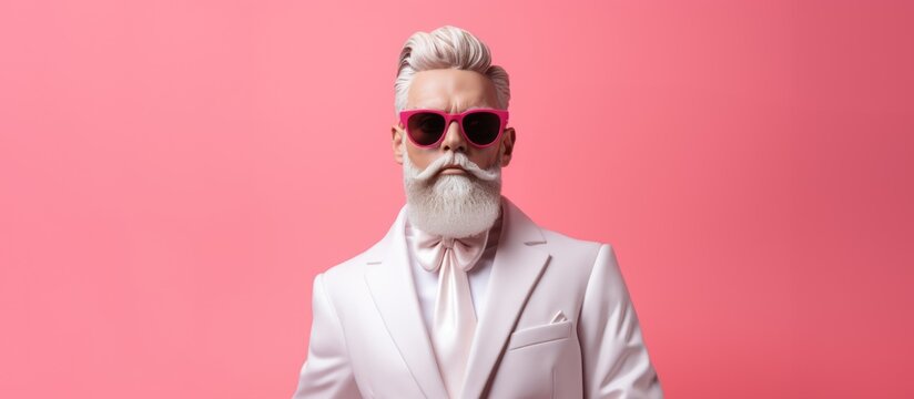 Portrait of stylish senior man with white beard and sunglasses isolated on pink background
