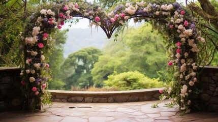 Obraz premium A charming garden archway adorned with heart-shaped vines and flowers, providing a serene space for text overlay in the romantic garden setting - Generative AI
