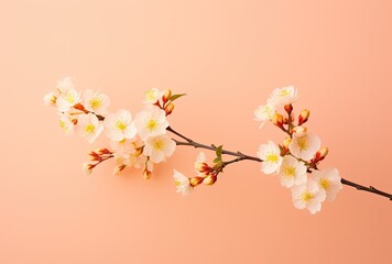 Elegant cherry blossom branch with flowers and buds against a soft pink backdrop