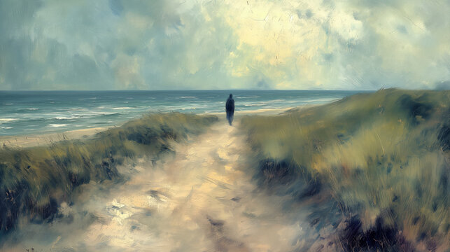Atmospheric vintage painting capturing a lone figure walking towards the sea along a sandy path through windswept dunes under a dynamic sky.