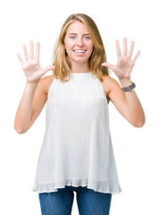 Fototapeta premium Beautiful young elegant woman over isolated background showing and pointing up with fingers number ten while smiling confident and happy.
