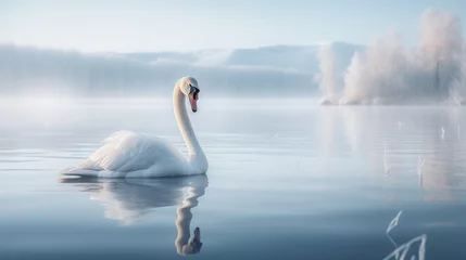 Foto op Plexiglas A white swan on a frozen lake in winter © frimufilms