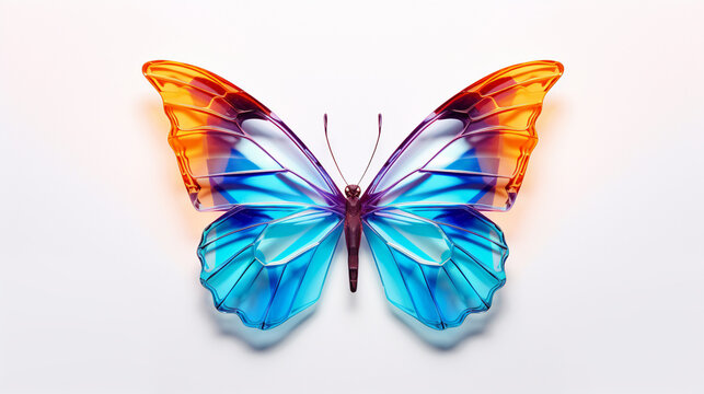 A butterfly made of colored glass on a white background
