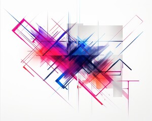 Sleek modern flat geometric illustration with delicate neon lines on pure white background