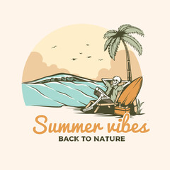 skull in tropical island with palm trees vintage illustration
