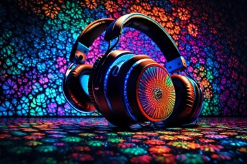Picture an audiovisual marvel with headphones in trippy colors, illuminated with perfect lighting to showcase their vibrant and psychedelic aesthetic.


