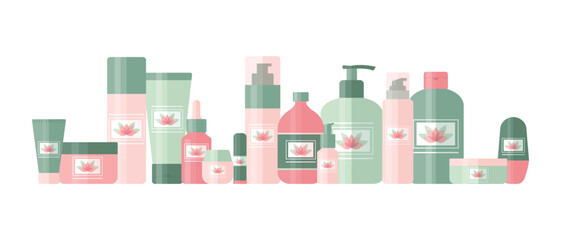 Big set of cosmetic products for beauty and skin care. Bottles and tubes decorated with lotus flower logo. Vector illustration