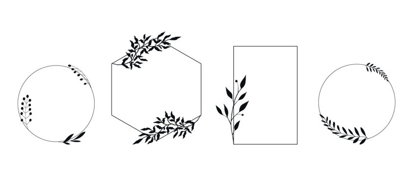 Set of elegant templates with hand drawn botanical elements. Different geometric shaped frames with plants. Vector illustration