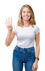 Beautiful young woman wearing casual white t-shirt over isolated background showing and pointing up with fingers number four while smiling confident and happy.