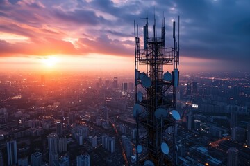 Antenna On City Telecom Tower Symbolizes Global Internet Connectivity And Progress
