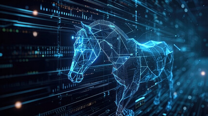 Trojan horse, malicious software, code as legitimate program. Malware carrying out unauthorized, harmful actions, accesses. Deceiving users, compromising data security. Concept. Data stealing. - obrazy, fototapety, plakaty