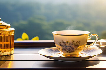 morning ceylon cup of tea on table  - obrazy, fototapety, plakaty