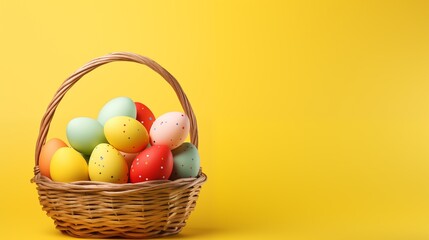 Fototapeta premium Classic wicker Easter baskets filled with colorful eggs are placed against a bright yellow background
