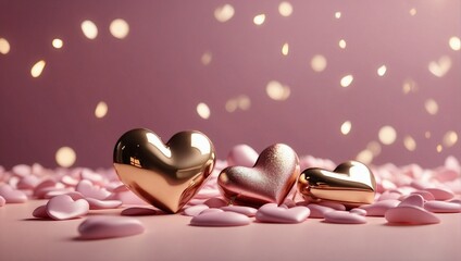 Pink and Gold Hearts on a Soft Pink Backdrop for Love Themed Events and Valentine's Greetings, Soft Light, Close-Up