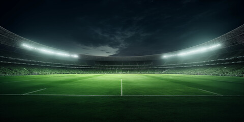 An empty soccer stadium lit up at night with a lush green pitch under a dramatic evening sky.