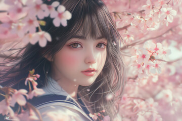 Fototapeta premium Charming Japanese Schoolgirl Embraces Cherry Blossom Aesthetic