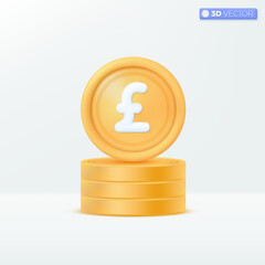 3d realistic pound gold coin icon symbol. Money cash, currency sign, investment,  profit or gain, treasure, finance or casino concept. 3D vector isolated illustration, Cartoon pastel Minimal style.